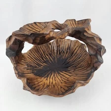Vintage Hand Carved BURL WOOD Rustic Leaf Shaped Basket With Handle Taiwan/label