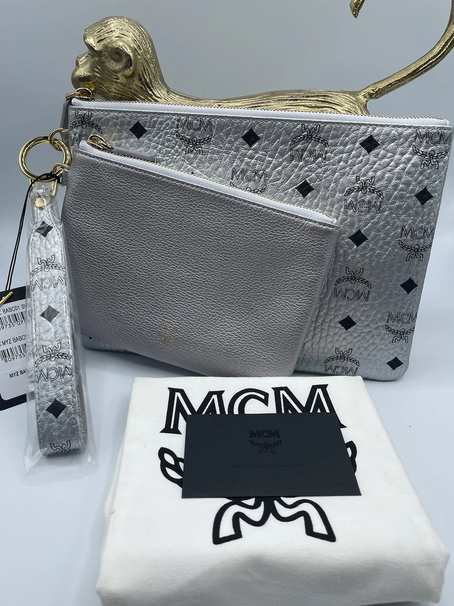 HOT!* MCM Silver Pouch Clutch Bag Wallet Wristlet+Small Clutch