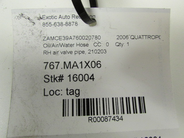 Maserati Quattroporte, RH, Right Air Valve Pipe, Used, P/N 210203 
