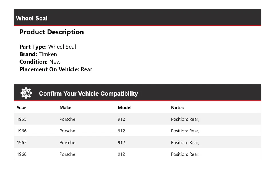 Sello de rueda trasero Timken 1966 1967 para Porsche 912 1965-1968 Foto 2 de 4