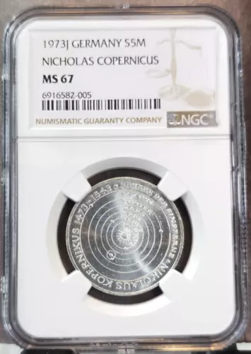 1973 GERMANY SILVER 5 MARK NICHOLAS COPERNICUS NGC MS 67 SCARCE GEM BEAUTY