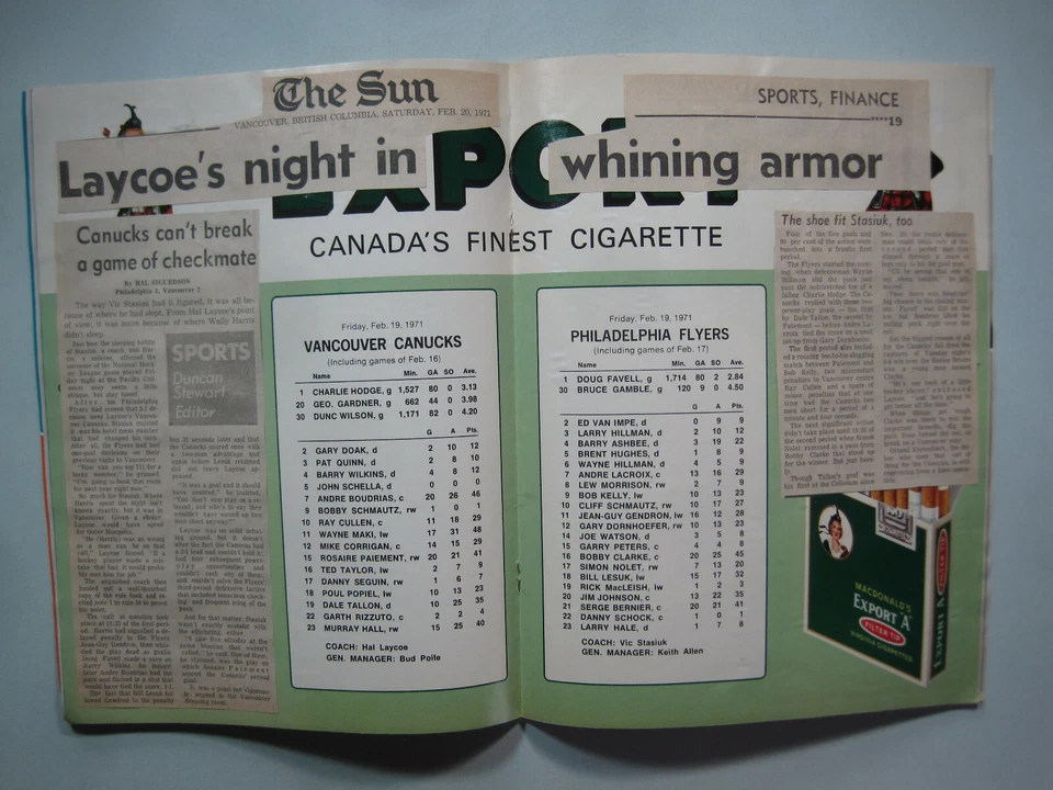 1970/71 Vancouver Canuck Philadelphia Flyers Programa Jacques Plante Bobby Clarke Foto 3 de 4