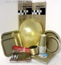 Gold Party Paper Plates Napkins Cups Cutlery Table Covers Balloons Tableware