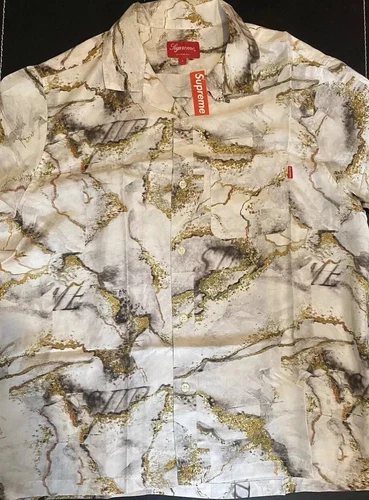 Chemise Supreme en soie manches courtes marbre blanc neuve L grande BNWT rare étiquettes DS