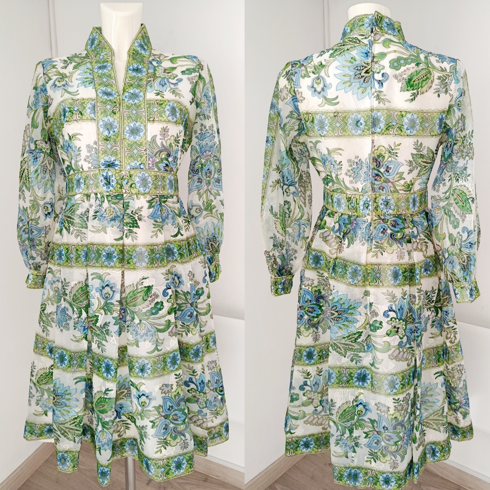 Vintage 70s AVALON Dress Floral Chiffon Boho Prairie Maxi Long Sleeve Green S/M