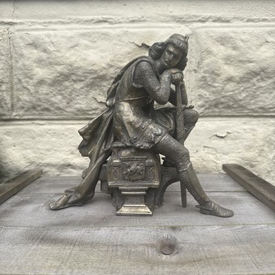 Antique Dark Acedemia French Spelter   Le Cid  Sculpture  Knight On Anvil