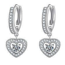 Image of 925 Sterling Silver Heart Drop Hoop Earrings Huggie Hoops Sparkling CZ Charm 336