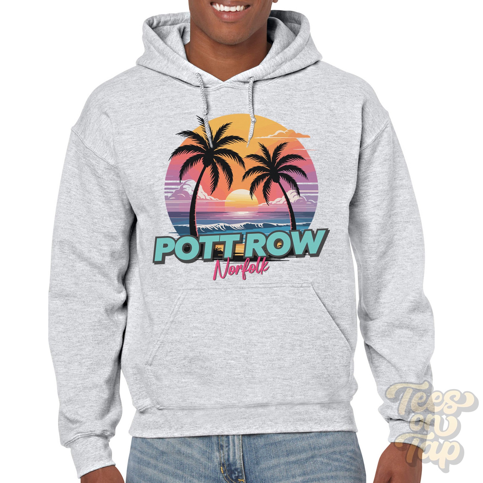 FILA FELPA CON CAPPUCCIO POTT ROW NORFOLK Retro Miami Beach Style divertente parodia estiva