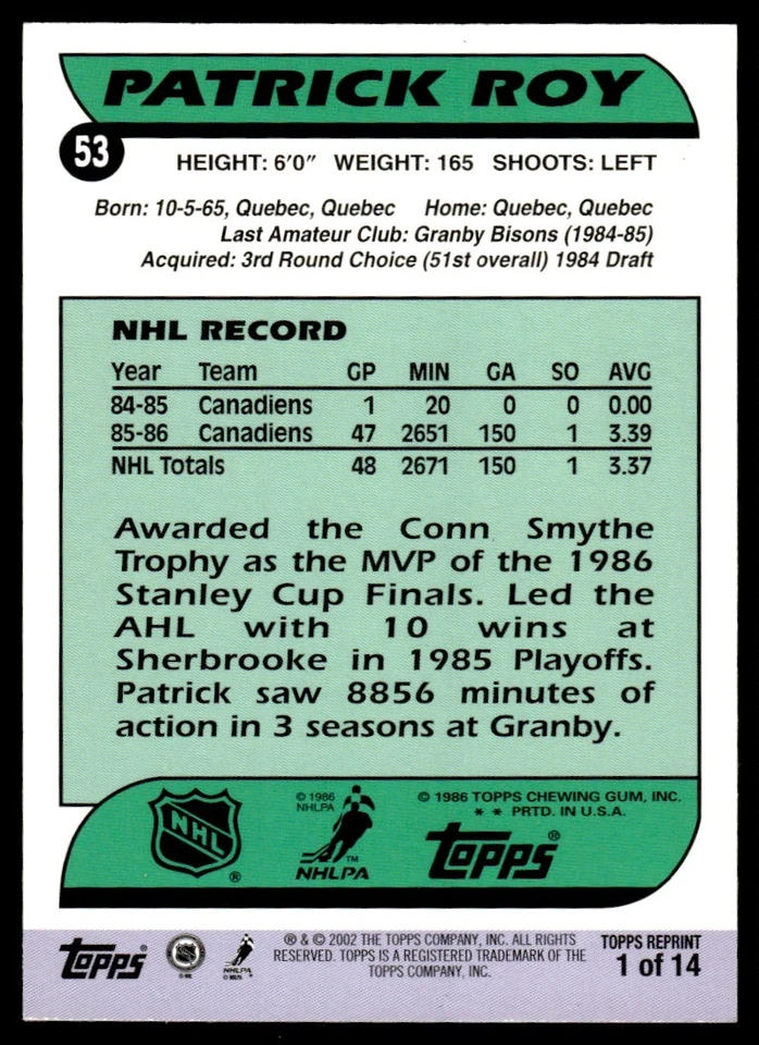 2002-03 Topps Patrick Roy Reprints Patrick Roy Montreal Canadiens #1 - Image 2 of 2