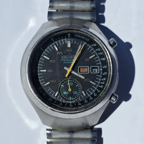 Seiko Helmet 6139-7101 Automatic Watch Chronograph 42mm Rare 1970's Vintage Work