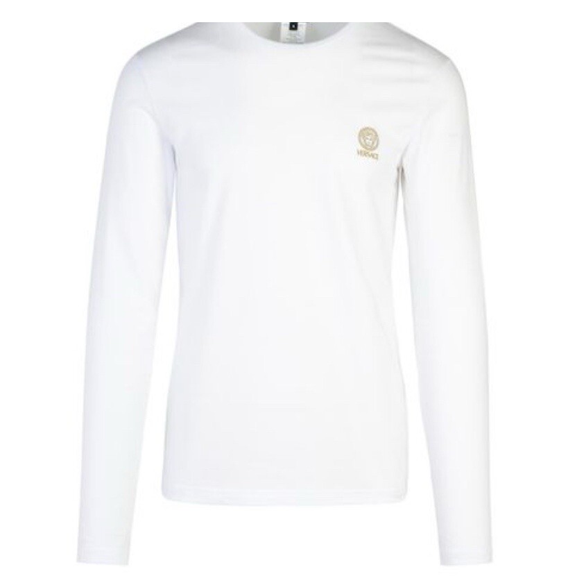Versace Men's White Long Sleeve T-Shirt with Gold Medusa Logo Size L