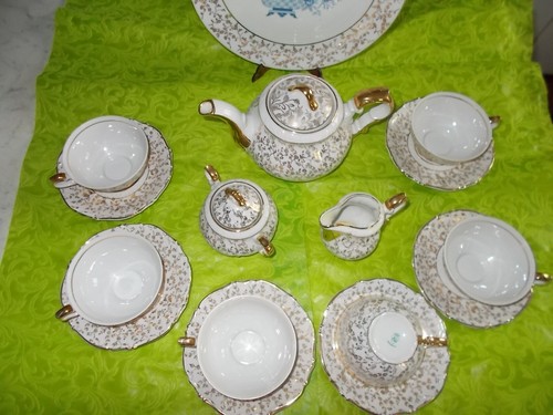 SERVIZIO THE CERAMICA BAVARIA ORO 6 TAZZE TEIERA BROCCA ZUCCHERIERA PIATTO DOLCE - Foto 2 di 6