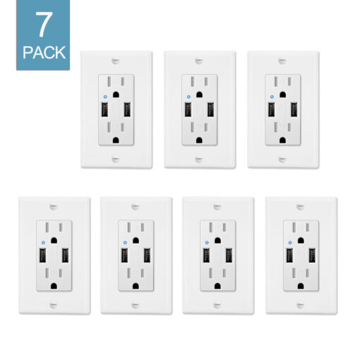 7× Electrical Outlets & Receptacles Wall 4.2A USB Charger Sockets White w/Plate