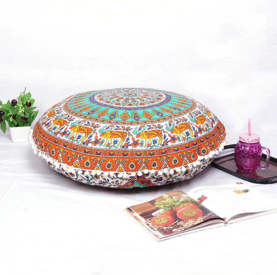 Round Floor Cushion Cover Pouf Indian Mandala Ottoman Throw Pillow Covers - Image 4 of 4