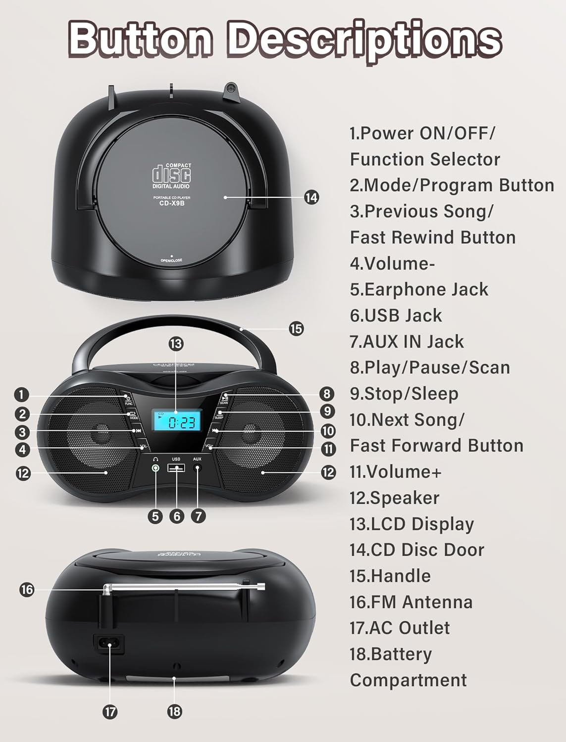 Portable Boombox CD Player with Bluetooth, FM Radio, and Stereo Sound