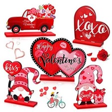 5 Pieces Valentine's Day Wooden Table Sign Decoration Freestanding Table Red