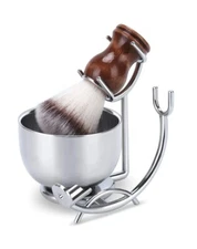 3PC Straight Razor stand double layer steel Shaving Soap Puck Bowl Mug Shave Set