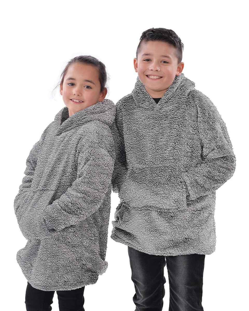 Eskimo Kids Grey Teddy Fleece Reversible Sherpa Lined Oversize Hoody Snuggle Top