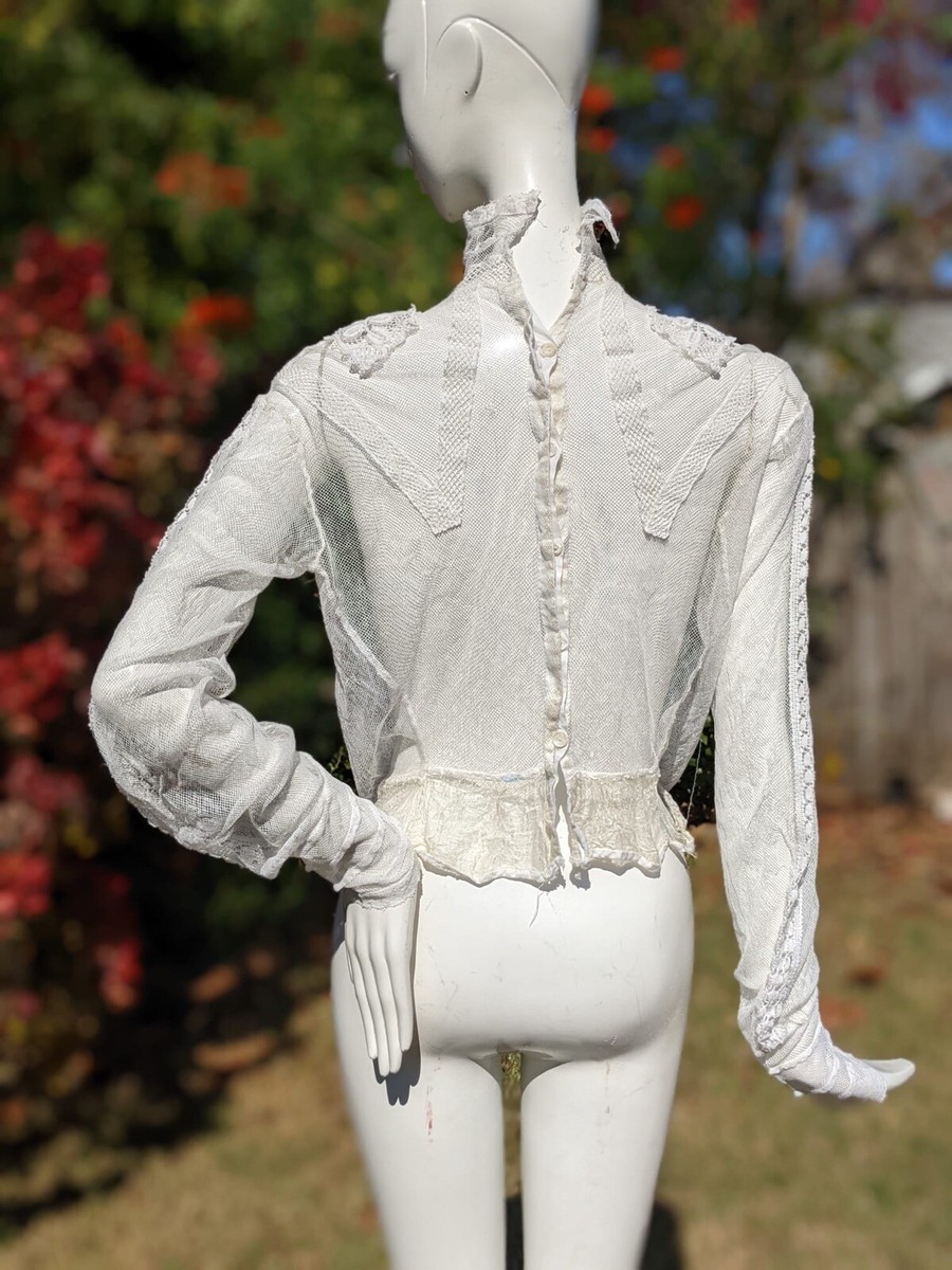 EDWARDIAN WHITE FISHNET BLOUSE WITH LACE AND HIGH COLLAR | eBay EDWARDIAN WHITE FISHNET BLOUSE WITH LACE AND HIGH COLLAR | eBay