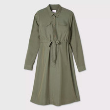 Long Sleeve Woven Maternity Shirtdress - Isabel Maternity, Olive Green, Size M