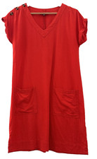 PRINCIPLES. RED LINEN MIX SHIFT DRESS/V NECK /POCKETS & BUTTON TRIM. SIZE 10