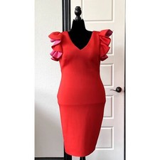 Bodycon Eliza J Red and Pink Ruffle Scuba