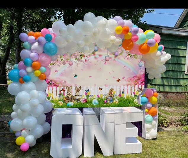 Primavera Rosa Pascua Jardín Conejito Telón de Fondo Fiesta de Pascua Huevo Mariposas Decoración Foto 3 de 4