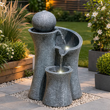 Garden Water Feature Fountain LED Ball Cascade Mains Powered Indoor Outdoor Grey