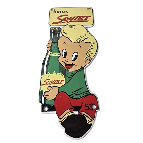 Vintage Squirt Soda Boy Sign - Gas Pump Wall Service Sales Porcelain Sign