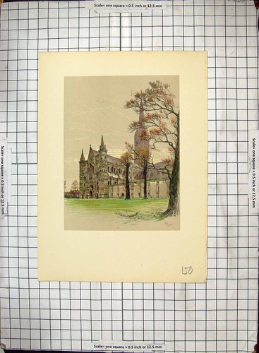 Original Old Antique Print Hand Coloured Church Cathedral Architecture