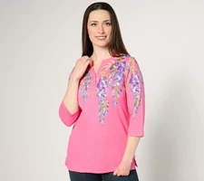 Quacker Factory Women's Top Sz XL Printed Wisteria Sleeve Split Neck Pink