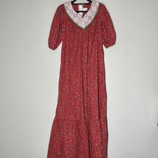 Vintage 70s Prairie Maxi Dress Red Floral Lace Bib Hawaii Cottagecore Size 12