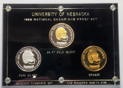 1995 NEBRASKA NATIONAL CHAMPIONS PROOF SET 24KT GOLD SELECT, PURE SILVER, BRONZE