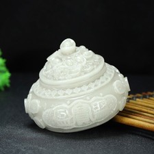 Vintage Collectible Antique Style White Jade Carved Treasure Bowl Figurine Decor