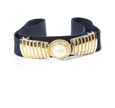 Vintage Gold Tone Wide Stretch Belt Faux Pearl Buckle Black Elastic 1980  s