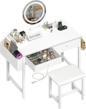 Makeup Vanity Desk with Mirror and Lights White Vanity Table Set Chair Drawers
