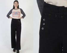 Vintage USN Navy Trousers Wide Leg Military Sailor Button Bell Bottom Pants 30