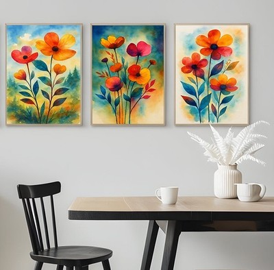 3er Set bunte Aquarell Blumen Poster Home Pub Wandbild Druck A3 A4 A5