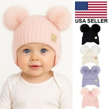 C.C Baby Infant Soft Warm Ear Flap Solid Color Winter Knit Pom Pom Beanie