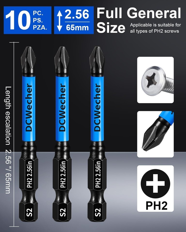 10-Pack Magnetic Phillips Bits Set, 2 S2 Steel, 1/4 Hex-Shank For Drill - View #2