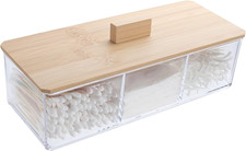 Wood Qtip Holder 3 Compartments Cotton Ball and Swab Holder Organizer with Lid,J