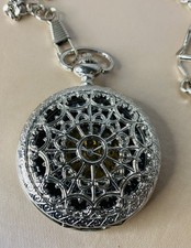 NWT Pocket Watch Spider Web Skeleton Dbl-Sided With Chain - Wind Up