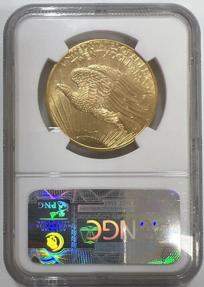 1908-D $20 sin lema Saint Gaudens oro doble águila NGC MS62 matriz inversa giratoria Foto 2 de 2