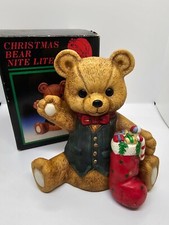 Vintage Flambro Christmas Holiday Teddy Bear Night Light Table Lamp 6.5"