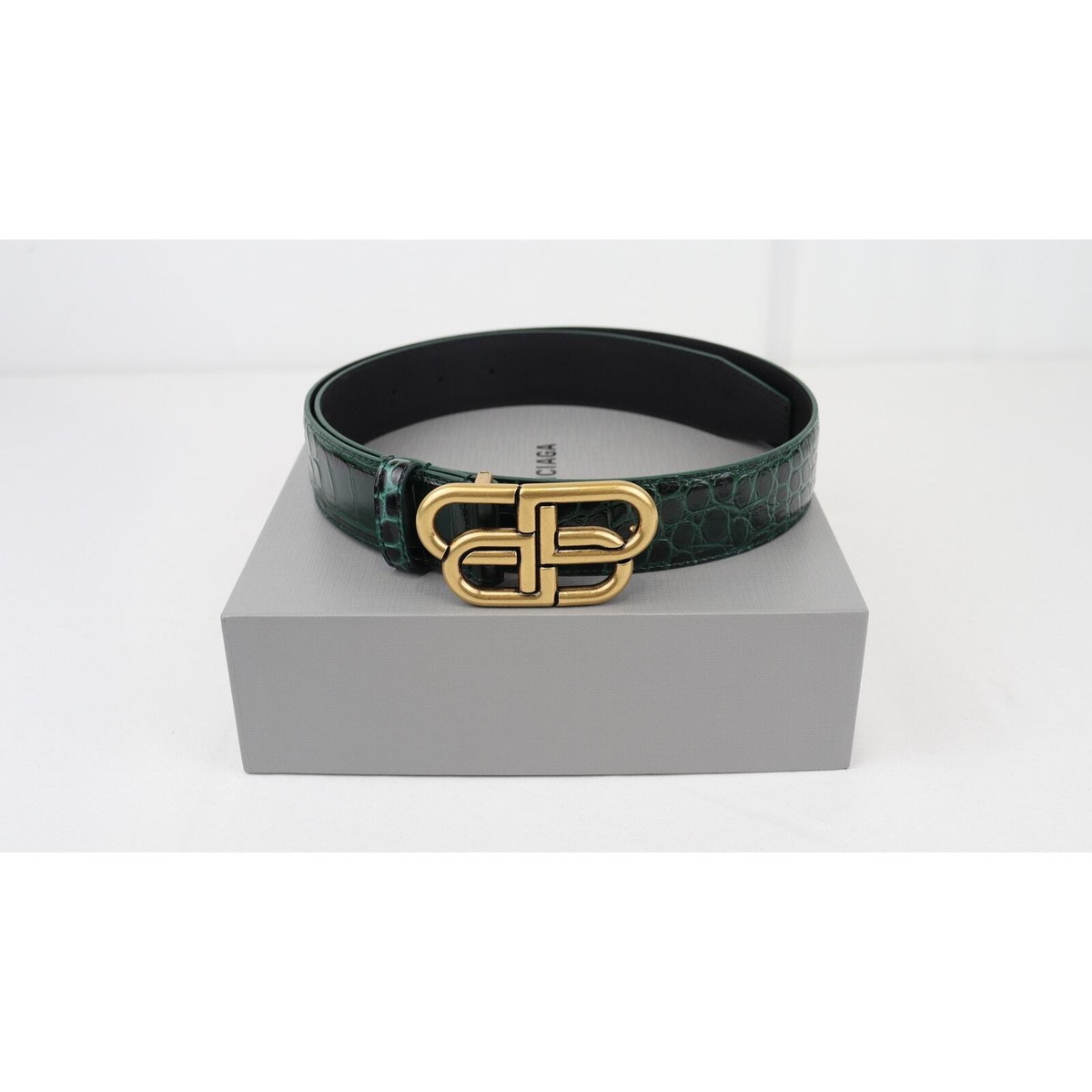 Balenciaga Shiny Croc Embossed Calf BB Large Belt in Forest