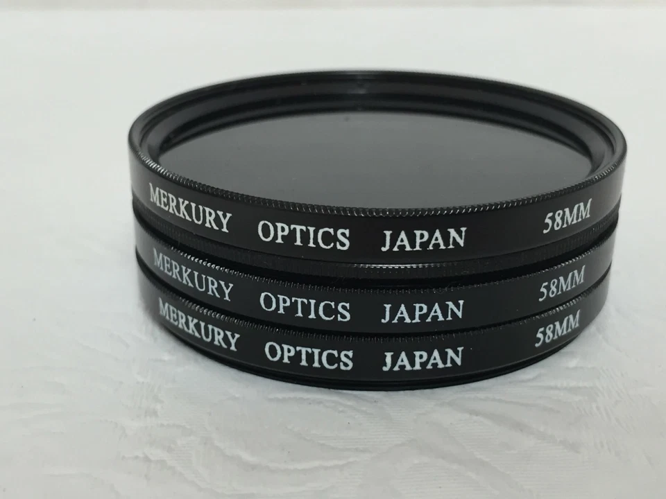 Set of three Merkury Optics 58 mm filters FD PL UV with case Made In Japan - Image 2 of 4