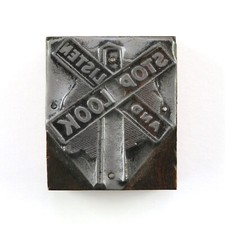 Antique Typeset Letterpress Printing Block Railroad Train Crossing Sign