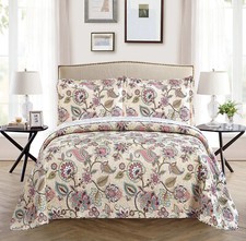 Beige Green Rust Brown Floral 3 pc Quilt Set Twin Full Queen Cal King Bedspread