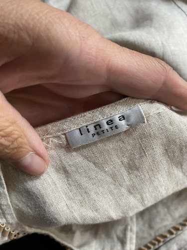 Linea Petite Vintage Beige Linen Dress Size 10 Petite Has Wooden Sequin Edges - Picture 10 of 11