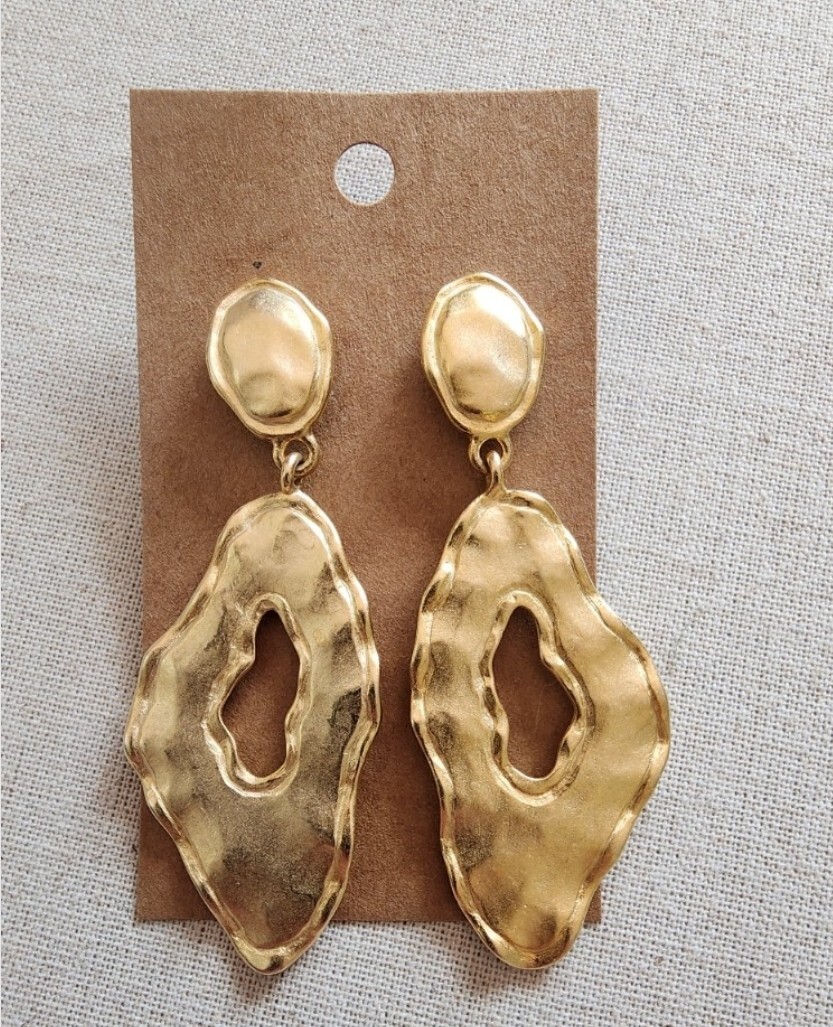 Dangly Earring One Earring Trend 80s Matte Gold Tone Hammered